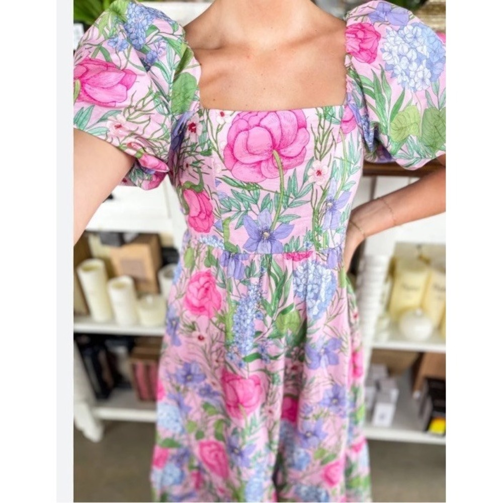 Entro Pink Floral Puffy Ruffle Short Sleeve Smocked Maxi Dress Large New